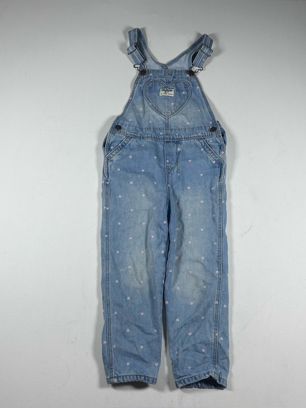OshKosh B'gosh Denim Overalls Girls 5T Light Blue Pink Heart Print Cotton Snaps
